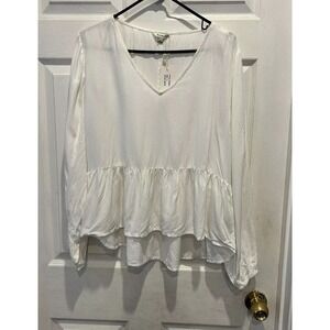 NWT Sim & Sam Womens White Rayon V-Neck Peplum Long Sleeve Top L Festival Fairy